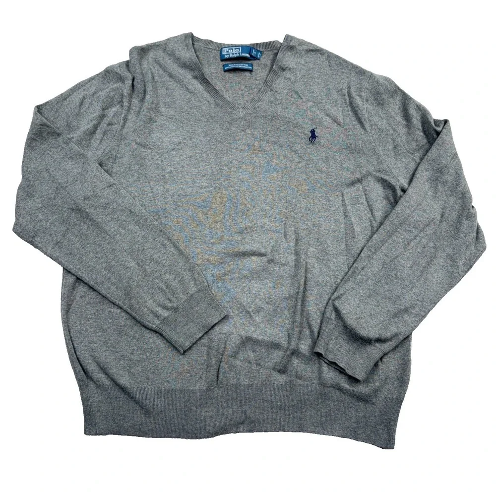 Polo Ralph Lauren Sweater Men XL Gray Blue Pony Pima Cotton V Neck Soft Golf B45